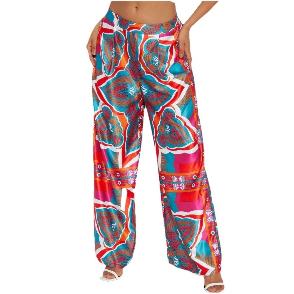 Peach Pants Womens M Multicolor Wide Leg Palazzo High Waist Statement Print